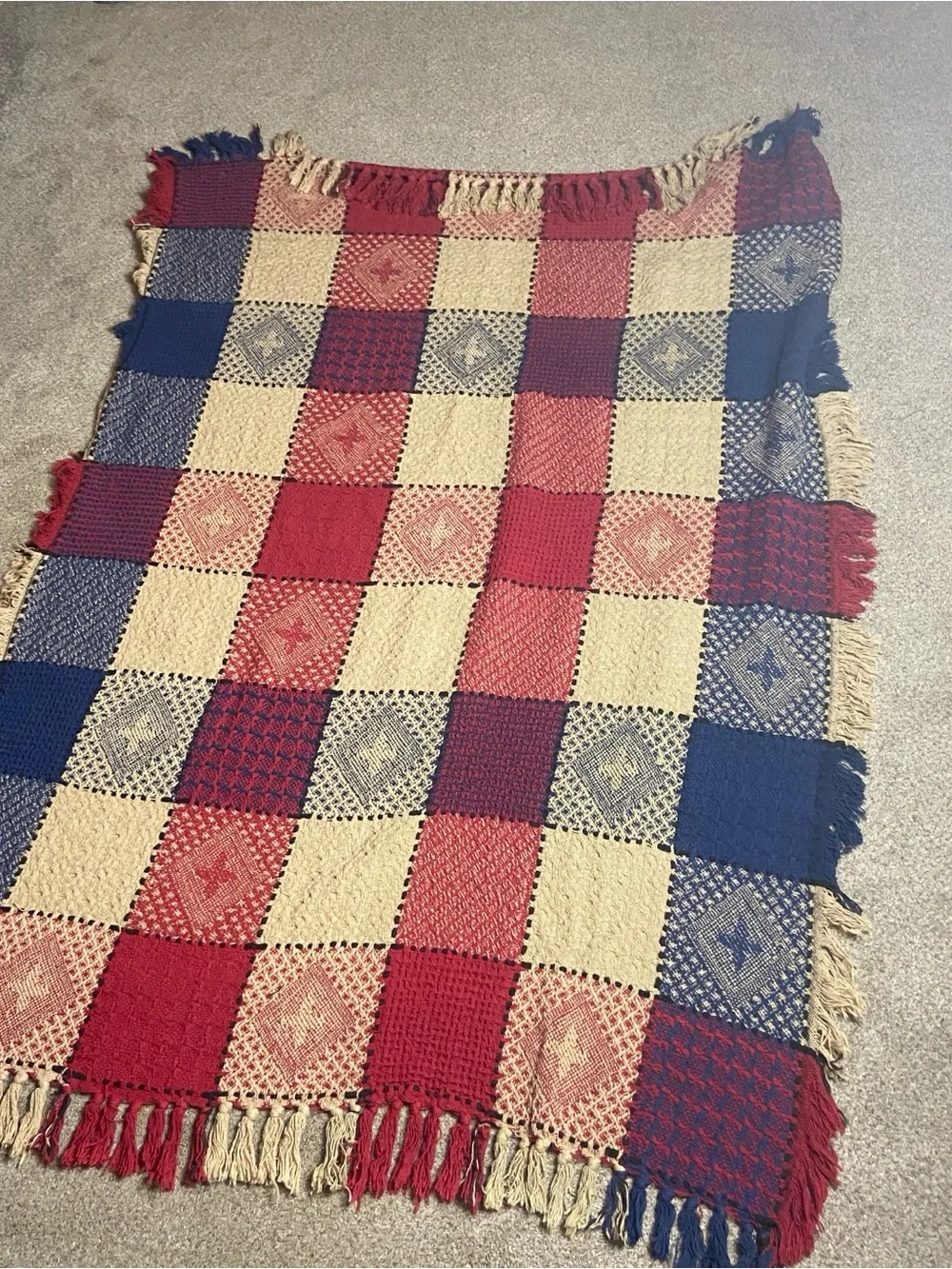 Vintage Woven Throw Blanket in Red, Navy & Cream, approx. 43” x 60”, cottage